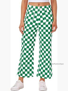 Cropped Checkered Jeans High Waist Straight Leg Stretchy Denim Pants